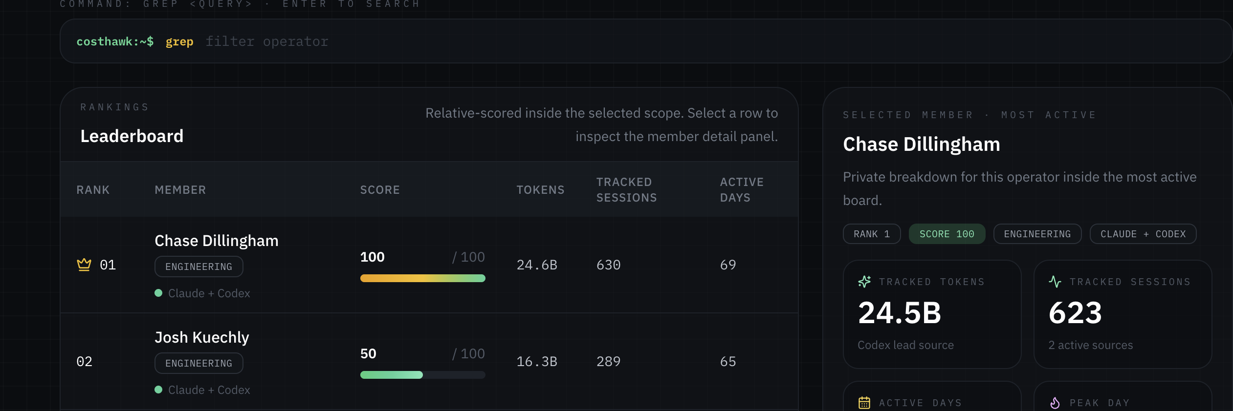 Ranked leaderboard table showing scores, tokens, sessions, and active days with a selected member detail panel